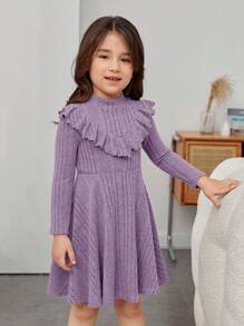 SHEIN Leap Crew Chica Joven Vestido ribete con fruncido de cuello alto - Morado - Ver 4