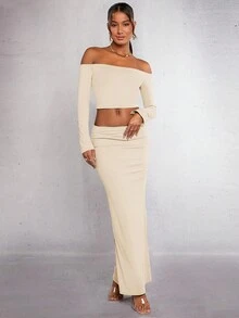SHEIN BAE de hombros descubiertos Top crop & Falda bajo de sirena - Albaricoque - Ver 4