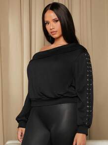 SHEIN SXY Plus Asymmetrical Neck Grommet Detail Sweatshirt - Black - View 4