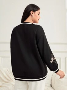 Mulvari Plus Letter Graphic Striped Trim Drop Shoulder Sweatshirt - Black - View 3