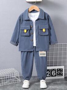 Young Boy Letter Patched Flap Pocket Shirt & Pants Without Tee - Dusty Blue - View 1