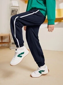 SHEIN Cậu bé Tween Băng tương phản Eo dây rút Quần thể thao - Màu xanh hải quân - Xem 7
