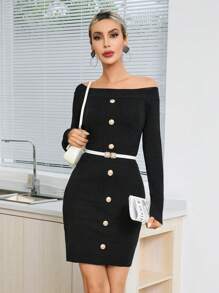 GENKIRA Off Shoulder Chi tiết Nút Váy len bó sát Không có thắt lưng - màu đen - Xem 5