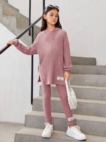SHEIN Leap Crew Tween Girl Letter Patched Drop Shoulder Hooded Tee & Leggings - Pink - View 6
