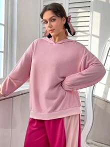 SHEIN EZwear Áo nỉ nữ cỡ lớn tay rớt vai với họa tiết chữ và hoạt hình. - Hồng - Xem 2