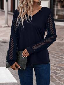 SHEIN Clasi 網紗拼接後紐扣上衣 - 藏蓝色 - 查看 6