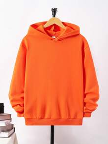 SHEIN Áo nỉ tay trễ vai in hình khẩu hiệu và hoạt hình dành cho thiếu niên nam - trái cam - Xem 2