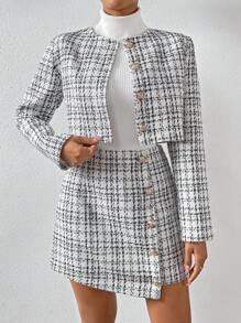 SHEIN Clasi 格紋圖案夾克&前紐扣半身裙