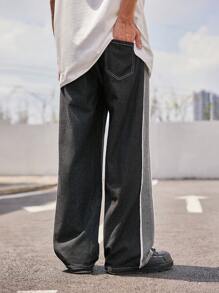 INFLATION Quần Jeans Nam Dây kéo Túi Sọc bên Khối Màu - màu đen - Xem 2