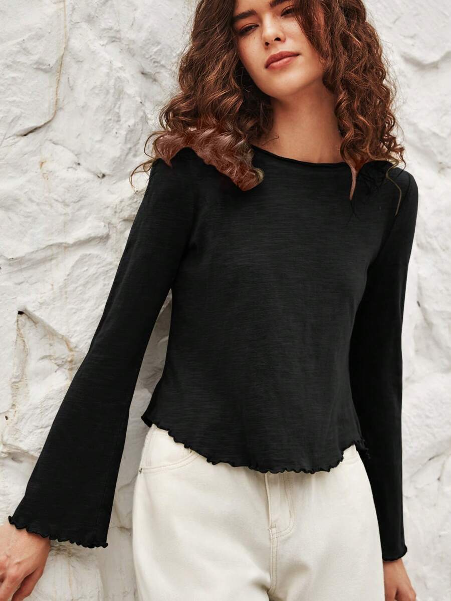 Bohemela 素色木耳邊喇叭袖T恤 - 黑色 - 查看 1