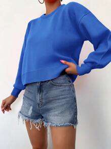 Cloudara Jersey unicolor de hombros caídos - Azul - Ver 5