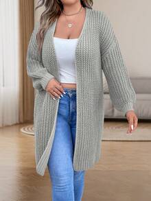 SHEIN LUNE Áo khoác cardigan thả vai cỡ lớn - Xám - Xem 3