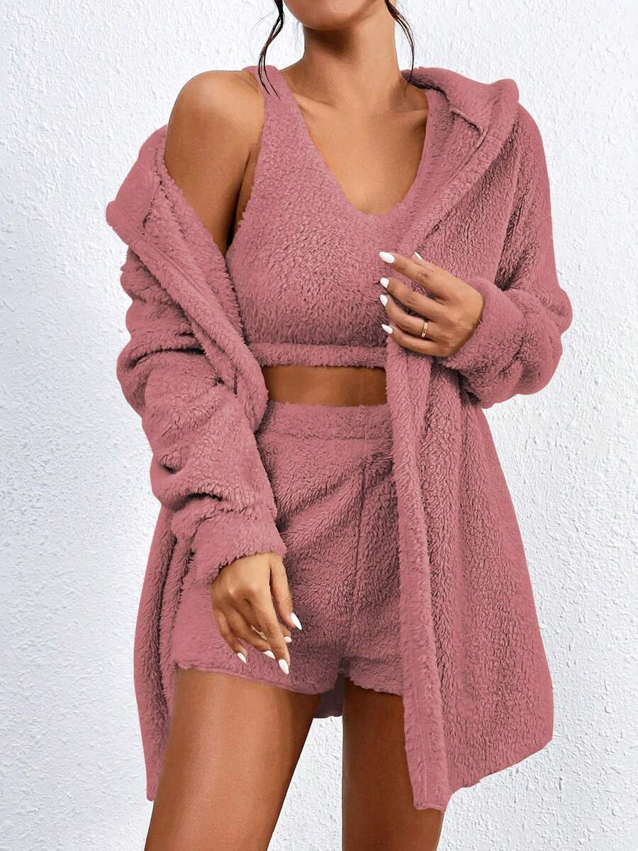 SHEIN Unity Áo khoác dài tay có mũ trùm đầu màu trơn cho nữ, cổ tròn, áo vest + quần short cạp chun, bộ đồ thường ngày - Hồng - Xem 1