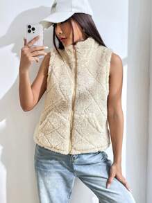 SHEIN EZwear 拉鏈開襟絨毛夾克背心 - 杏色 - 查看 4