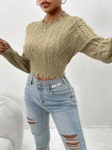 SHEIN LUNE كنزة صوفية قصيرة محبوكة بخيط متماسك مع تشطيب متهالك للخريف والشتاء - كاكي - مشاهدة 4