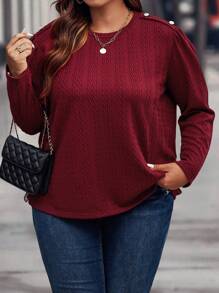 Calvaya Plus Button Detail Puff Sleeve Tee - Burgundy - View 5
