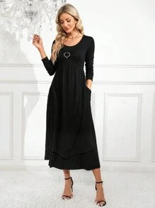 SHEIN Clasi Tim Rhinestone Chi tiết Túi ẩn Đầm - màu đen - Xem 5