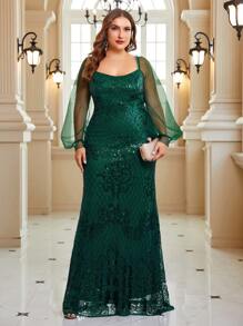 SHEIN Belle Plus Contrast Mesh Lantern Sleeve Sequin Formal Dress - Dark Green - View 2