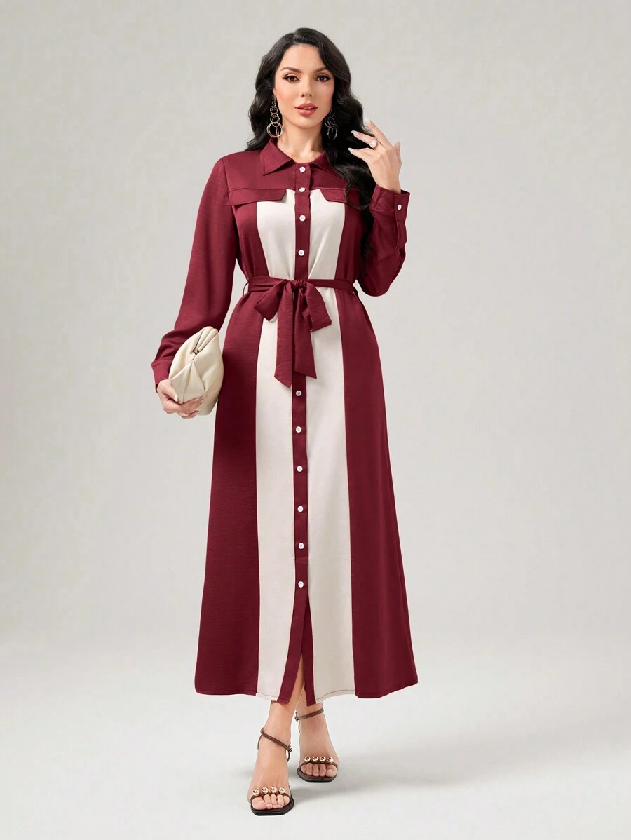 Mulvari Two Tone Belted Shirt Dress - Burgundy - View 1