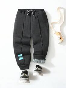 SHEIN Young Boy Letter Patched Drawstring Waist Sweatpants - Black - View 1