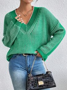 SHEIN Essnce Mẫu sọc Thả vai Áo len - màu xanh lá - Xem 5