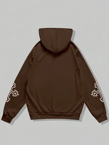 ROMWE MEN Street Life Guys Cross & Letter Graphic Drawstring Hoodie - Brown - View 2