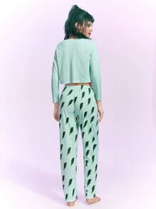 The Powerpuff Girls | ROMWE Women's Cartoon Printed Pajama Set - Green - View 7