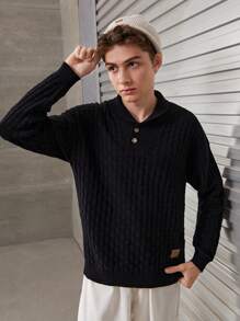 SHEIN Teen Boy Button Half Placket Ribbed Knit Sweater - Black - View 6