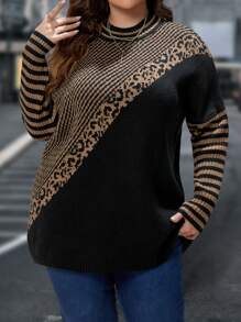 EMERY ROSE 大碼條紋圖案&豹紋圖案落肩袖套頭毛衣 - 彩色 - 查看 1