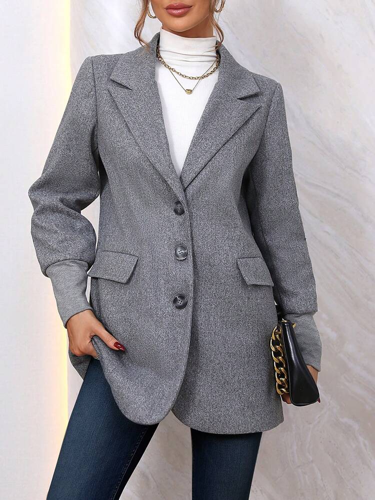 Lapel Neck Flap Detail Button Front Overcoat Fall Cloth For Women