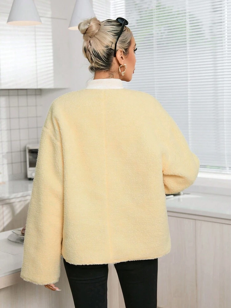 Drop Shoulder Button Front Teddy Coat Fall Cloth For Women