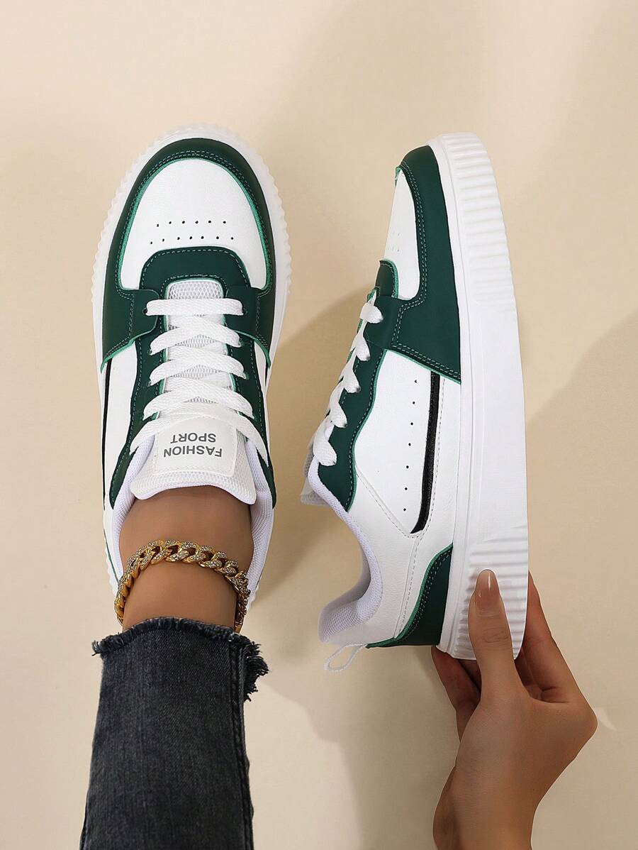 女性繫帶運動鞋,休閒鞋,板鞋,輕便,街頭風,白色 - 墨綠色 - 查看 1