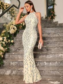 UNITHORSE 日间亮片装饰美人鱼下摆礼服优雅舞会晚会婚礼宾客礼服，适合毕业典礼、晚宴派对礼服、新娘礼服、生日女士服装礼服、校服 - 杏色 - 查看 2