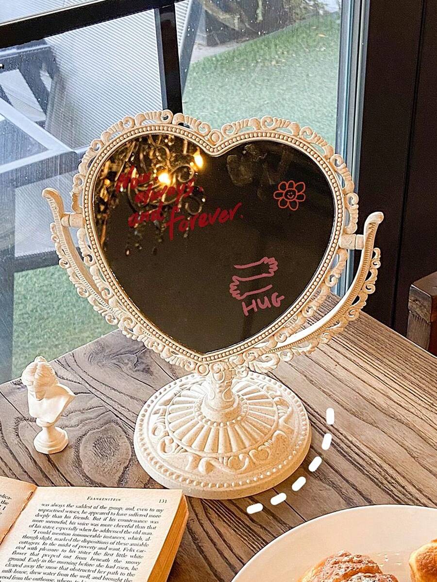 Vintage Desktop Makeup Mirror, 1pc Double Sided Y2K-Style Heart Shaped 360 Degree Swivel Magnifying Mirror Wooden Stand Table Top Vanity Mirror For Home Use, Vanity Mirror, Living Room Home Bedroom Bathroom House Decor, Travel Stuff, Wedding, Party, Birthday, Gifts For Men Mom Dad Best Friends Teacher, New Years, Accessories, Funny Gift,Makeup,Cheap,Room Decor,Vanity,Travel,Bedroom,Makeup Accessories,Mirror,Vanity Mirror,Cheap,Stocking Stuffers,Makeup,Makeup Tools,Cheap Stuff,Gifts,Gifts For Women,Christmas Gifts - White - View 1