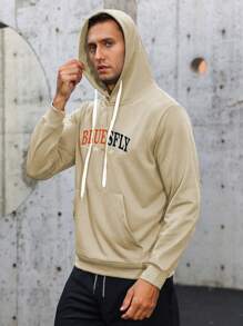 Manfinity Sport Corelite 男士字母图案袋鼠口袋抽绳运动卫衣 - 杏色 - 查看 4