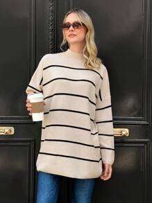 EURMUSE Striped Pattern Drop Shoulder Sweater - Apricot - View 5