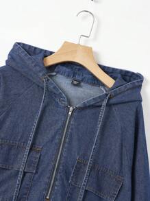 SHEIN EZwear 大碼翻蓋口袋抽繩連帽牛仔洋裝 - 藍色 - 查看 4