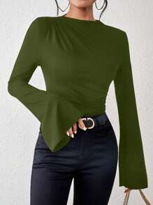 SHEIN Essnce Solid Ruched Flounce Sleeve Tee - Army Green - View 6