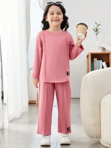 Young Girl Letter Patched Detail Tee & Seam Front Pants - Pink - View 5