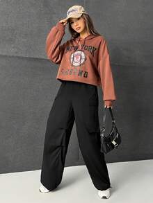 SHEIN EZwear 側翻蓋口袋抽繩下擺降落傘褲 - 黑色 - 查看 5
