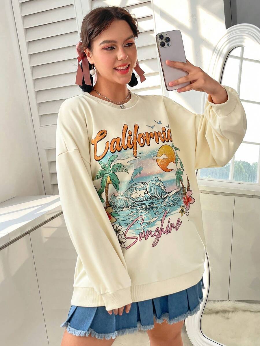 SHEIN EZwear Của phụ nữ Nhiệt đới In thư Áo nỉ - Màu be - Xem 1