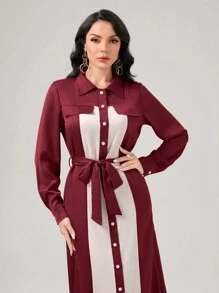 Mulvari Two Tone Belted Shirt Dress - Burgundy - View 5