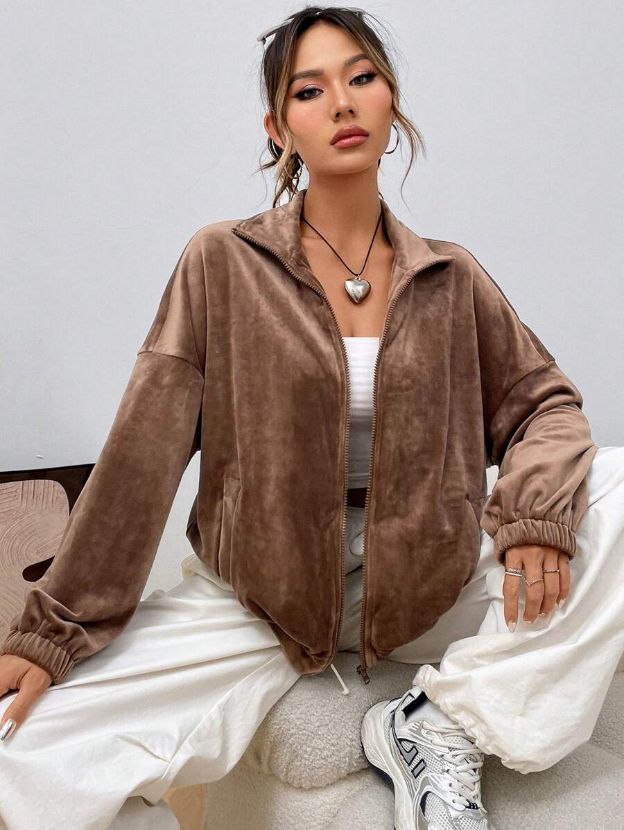 SHEIN EZwear Thả vai Dây kéo Nhung Áo khoác - màu nâu - Xem 1