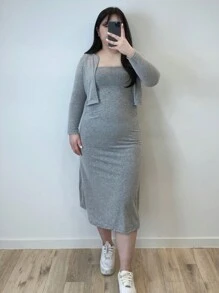 Dazy Petite Plus Solid Dress & Open Front Jacket