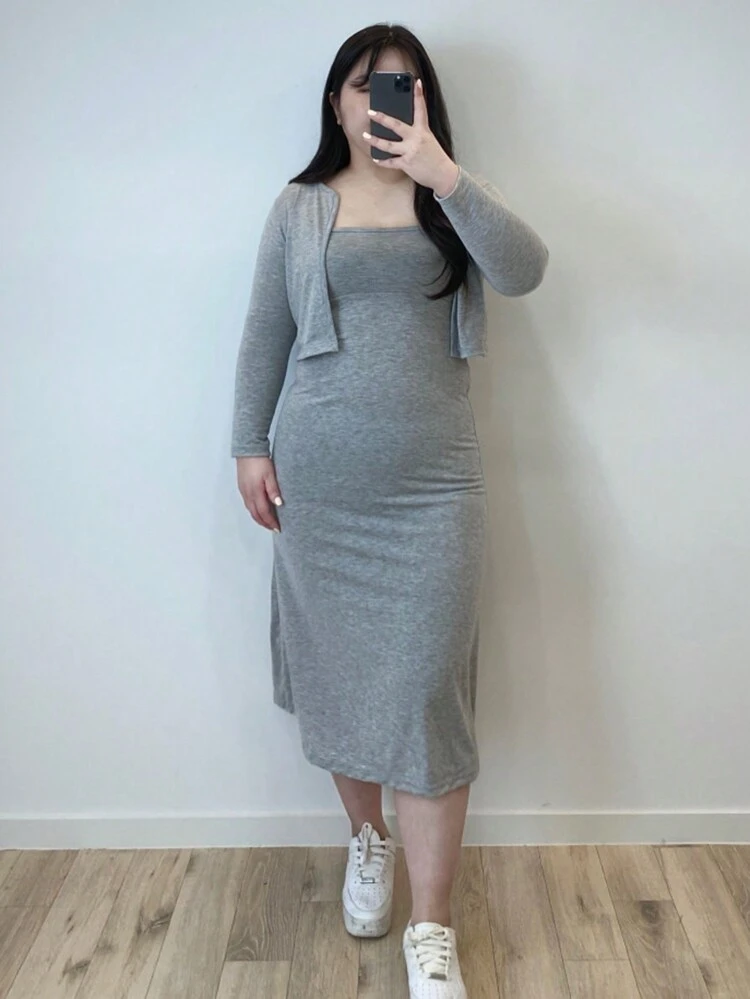 Dazy Petite Plus Solid Dress & Open Front Jacket Lounge Sets For Women