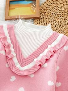SHEIN Young Girl Heart Pattern Ruffle Trim 2 In 1 Sweater & Knit Skirt - Pink - View 6