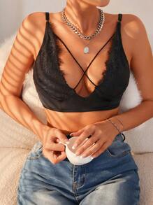 SHEIN 對比花邊交叉胸貼性感內衣 - 黑色 - 查看 3