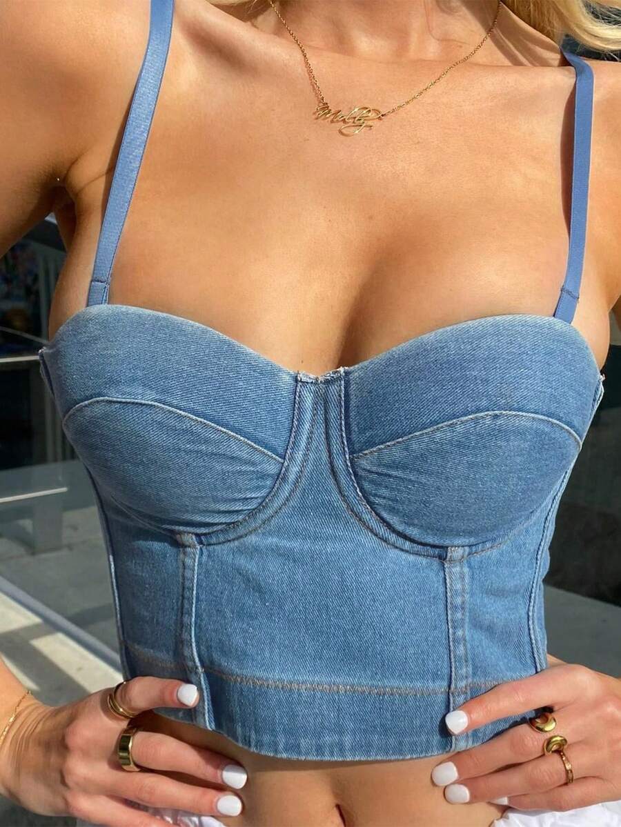 Bustier Crop Denim Cami Top - Light Wash - View 1