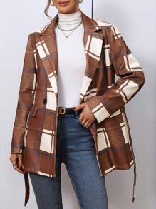Chiquease 格紋印花西裝領腰帶花呢外套