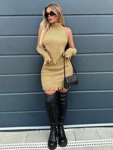 SHEIN SXY Turtleneck Asymmetrical Ripped Trim Sweater Top & Knit Skirt With Arm Sleeves - Mustard Yellow - View 3